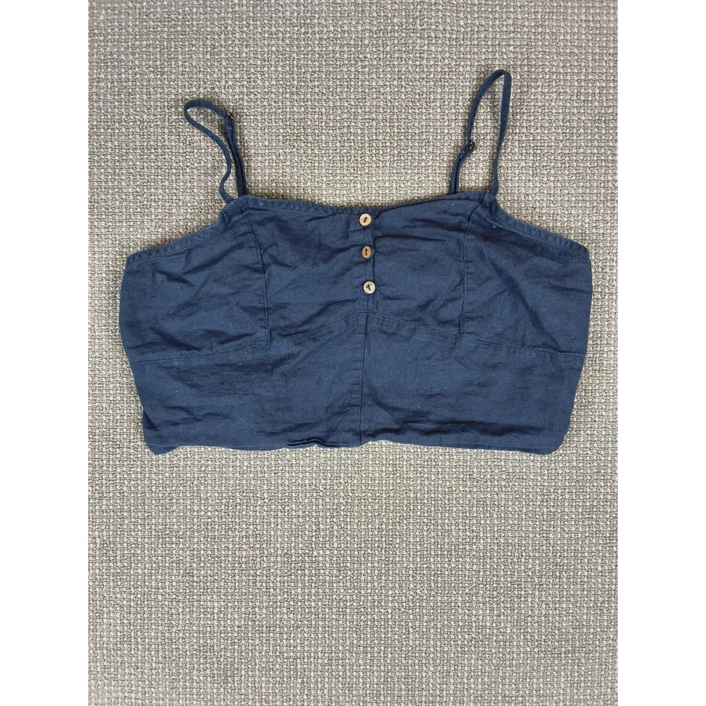 Roxy Womens Navy Blue Linen Blend Button Front Smocked Back Crop Top Cami L